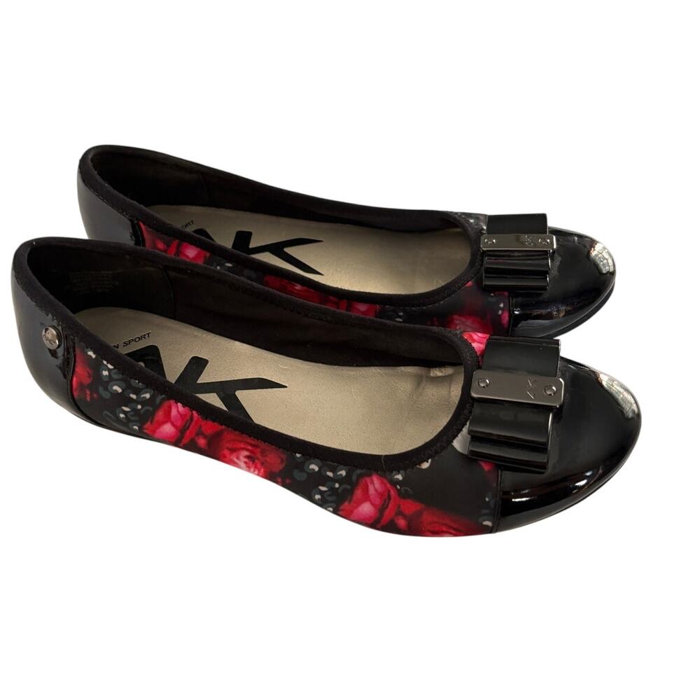 Anne Klein Sport Ballet Flats Womens Size 8M Black Red Rose Floral Patent Bow